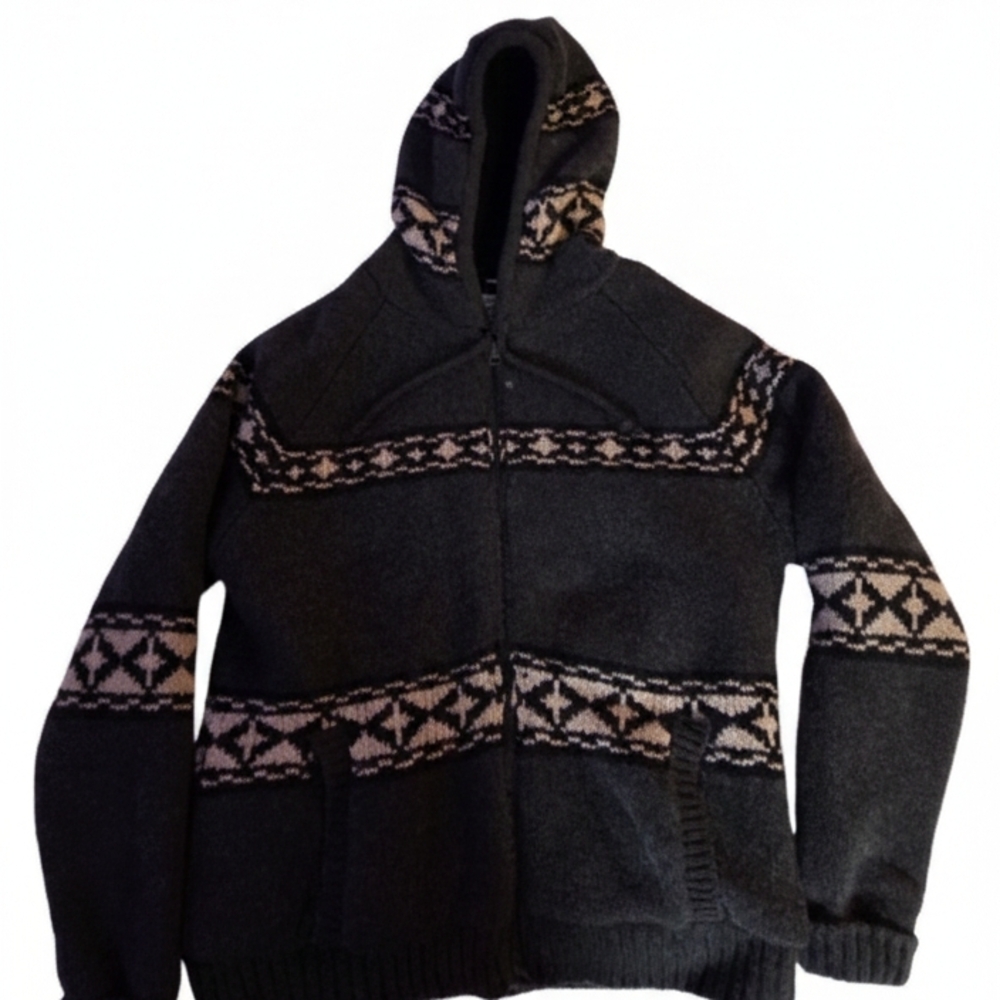 Schott NYC Dark Grey and Cream Patterned Zip-Up Sweater